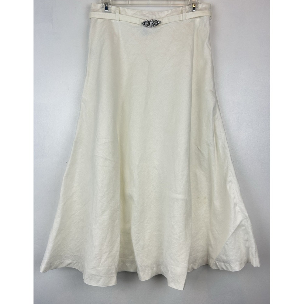 Ralph Lauren Skirt Women 6 Belted Linen Midi Antique White Classy Old Money Read